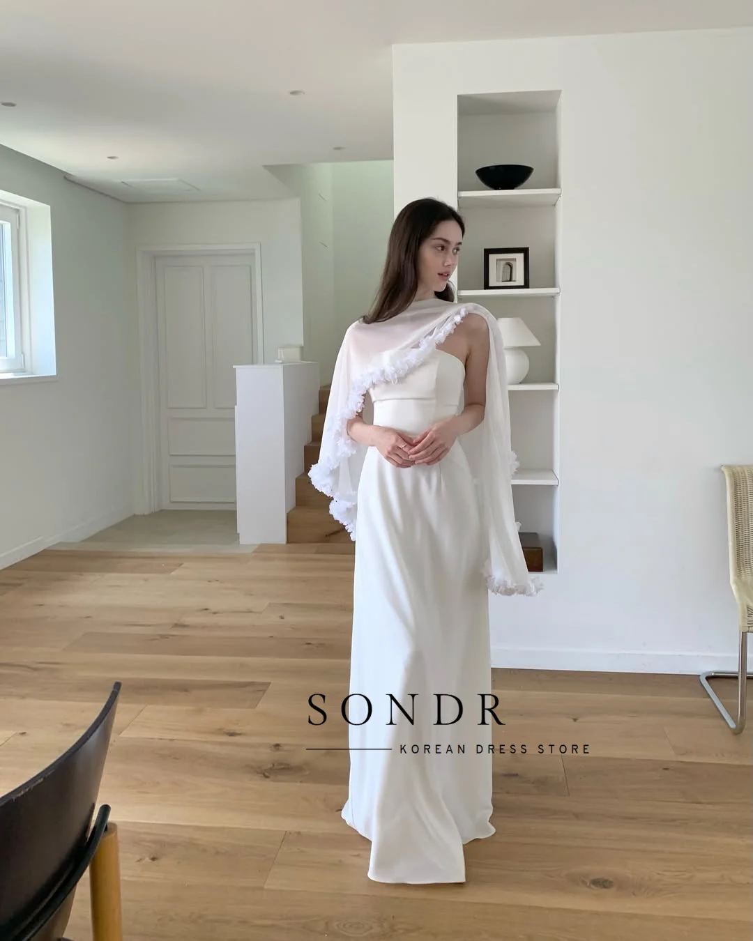 Sondr Customized Elegant Korean Wedding Dresses with Shawl Flowers Ruffled Photo Shoot Floor-Length Bridal Gown Formal Event