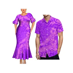 Polynesian Style Print Long Maxi Fishtail Dress Women Elegant Double Ruffle Sleeve Mermaid Pleated Dress