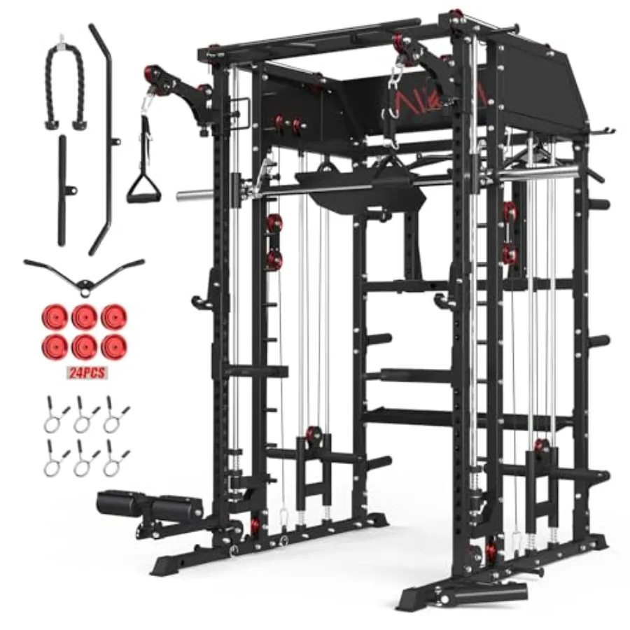 

Многофункциональная силовая рама Smith Machine с двойной роликовой системой, приставкой для вертикальной жимлёнки ногами, стойкой для приседаний и другими функциями