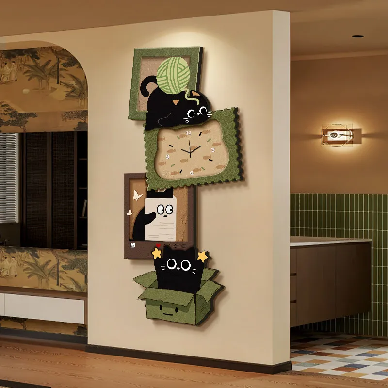 Cartoon Cute Wall Clocks Interior Creative Fashion Design Cat Aesthetic Wall Watch Modern Korean Reloj Pared Room Decorations