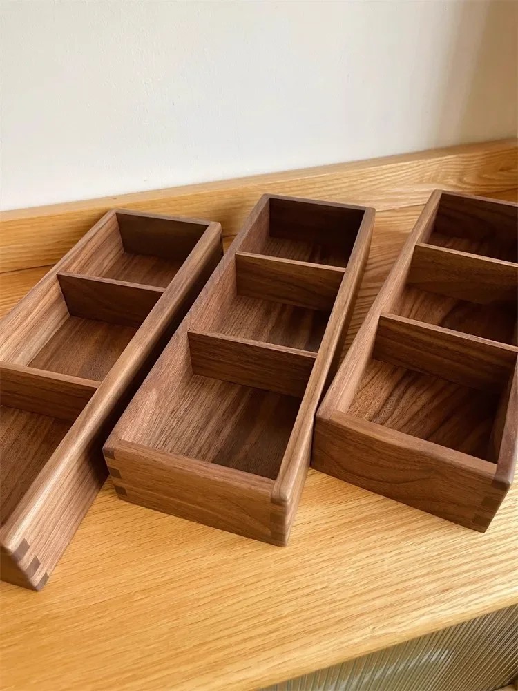 Black Walnut 3-Grids Table Organizer Solid Wood Entryway Storage Box for Sundries Office Desk Cards Box