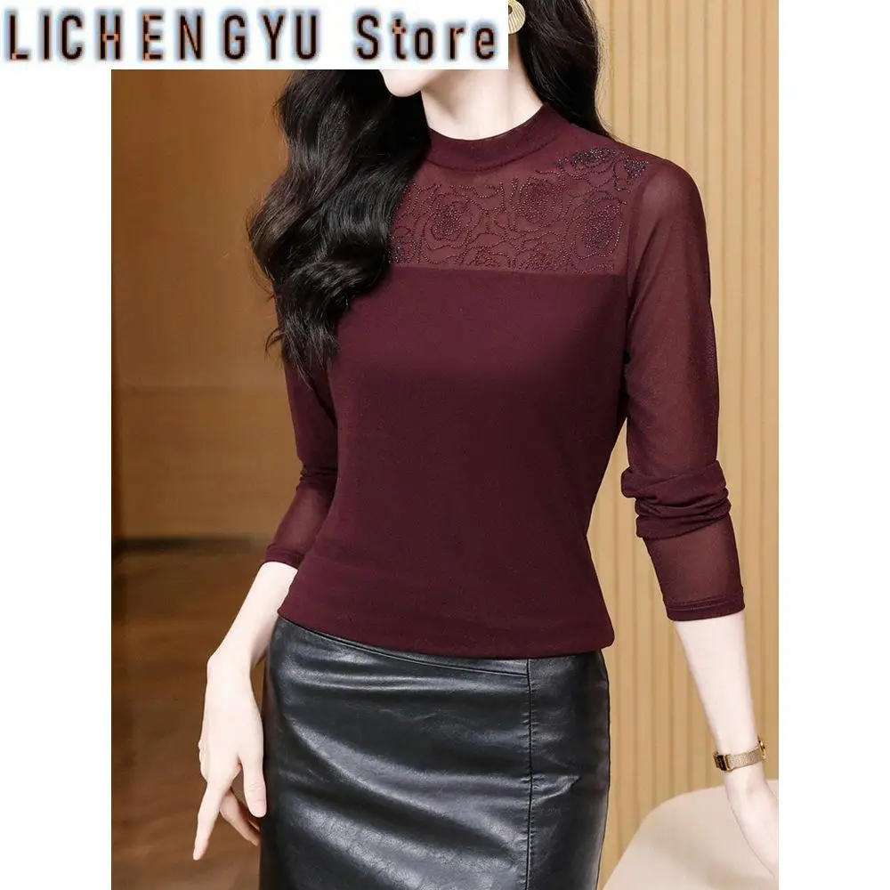Ironing Diamond Mesh Base Shirt for Women with Fashionable Fashionable Shirt for Women with Long Sleeves T-shirt Lace Top