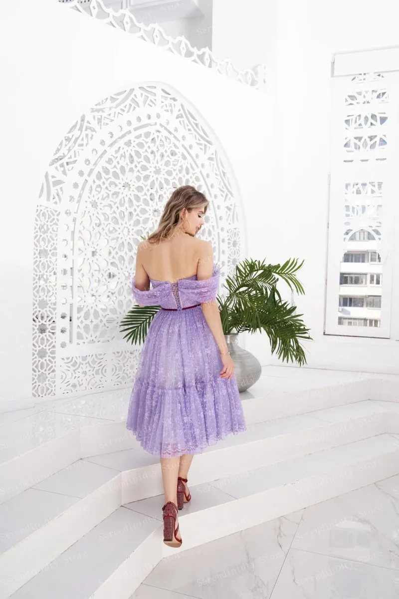 Lavanda vestido de fiesta largo por debajo de la rodilla con hombros descubiertos, vestido de baile de tul de encaje, vestidos de cóctel púrpura, vestido de niña dulce para evento