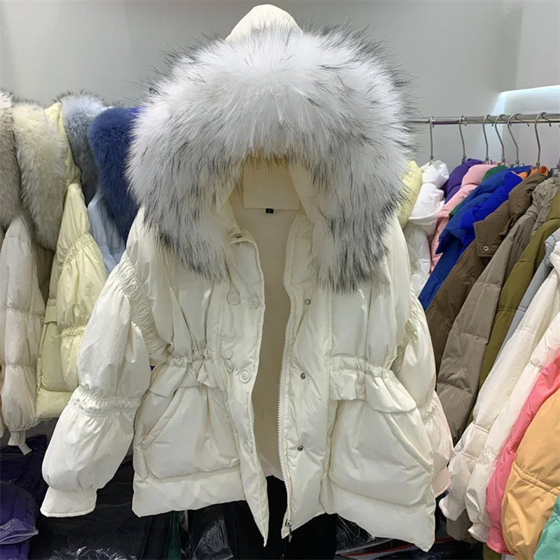 New Winter Women 90% White Duck Down Jacket Real Large Fur Collar Coat Thick Warm Streetwear Female Parka Snow Outwear