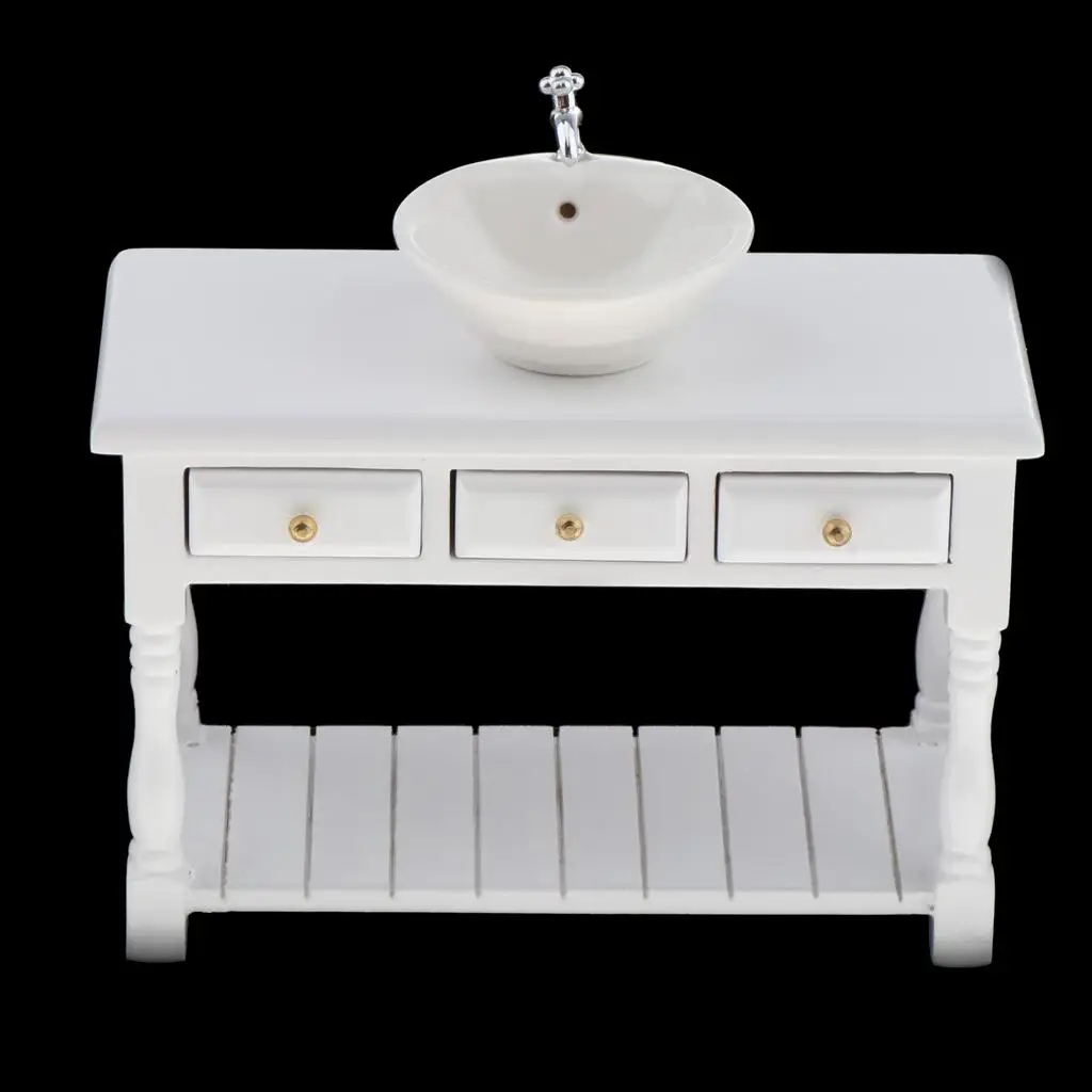 1:12 Mini White Ceramic Wash Basin Sink & Cabinet Set for Doll House Model