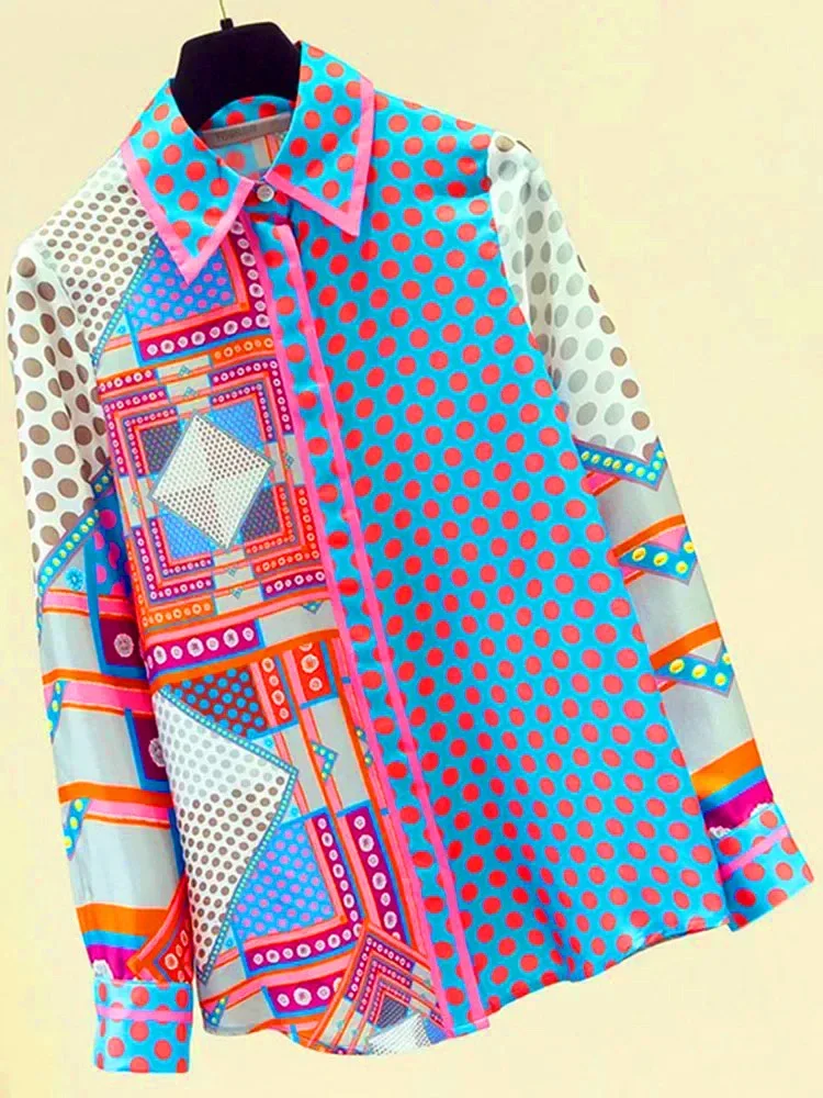 Spring Autumn New Blouse Patchwork Simulation Silk Women\'s Shirt Female Top Korean Niche Polka Dot Long-Sleeved Shirt GX1438