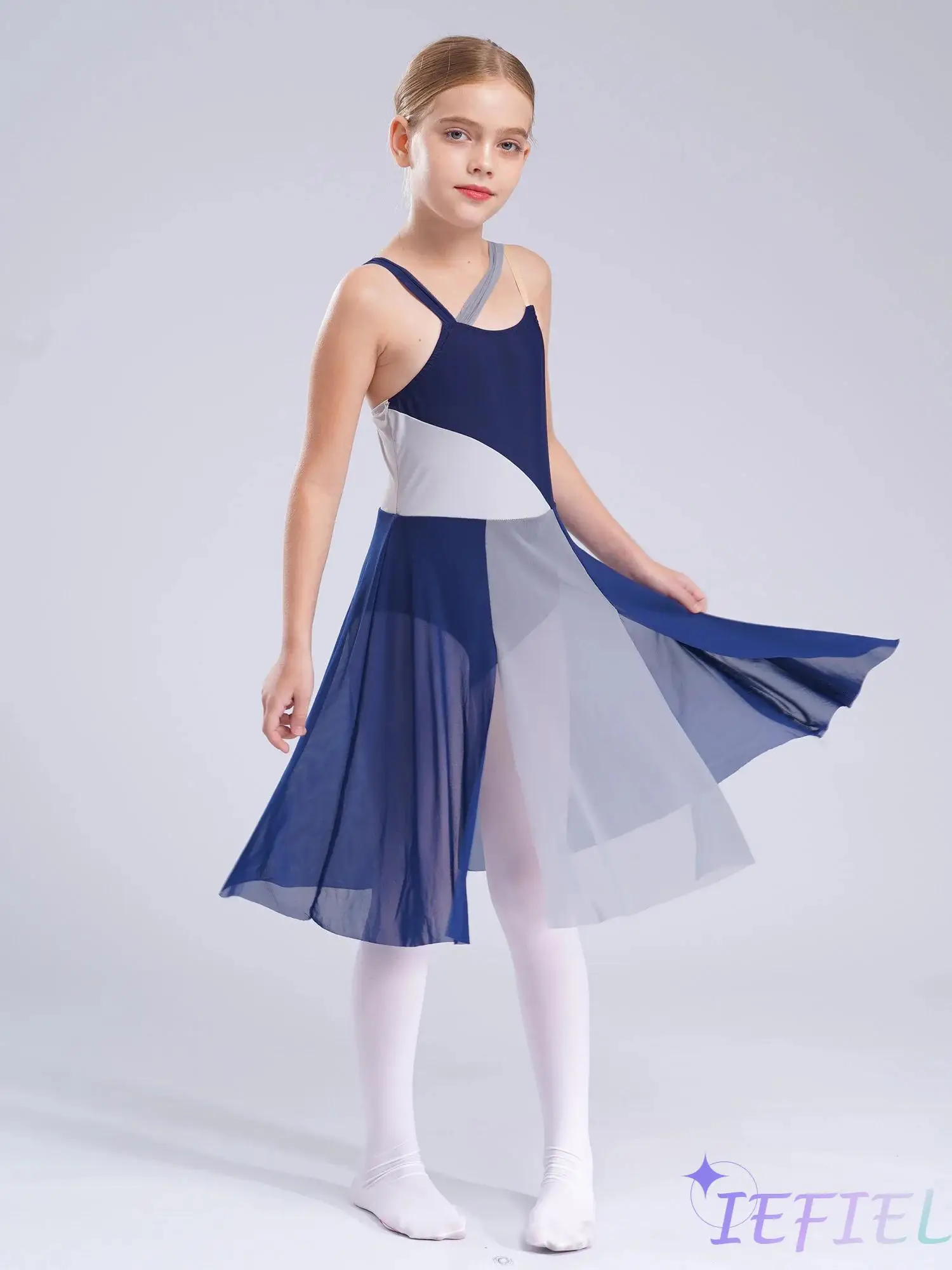 

Girls Color Block Dancewear for Modern Lyrical Contemporary Ballet Gymnastics Figure Skating Dress Stage Performance Costume