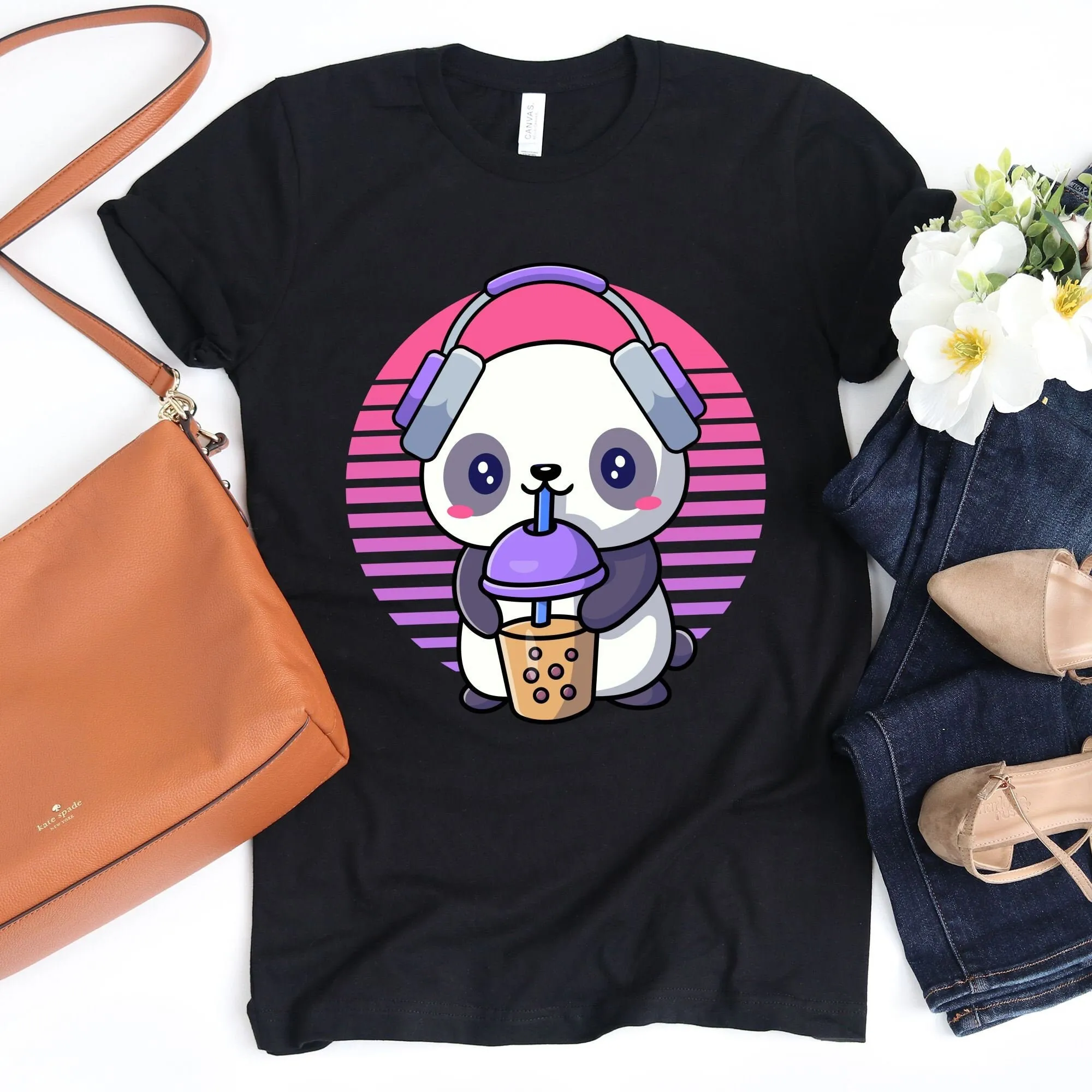 Retro K Pop Panda T Shirt Cute Kawaii Bubble Tea Clothing Asian KDrama Merch Girl