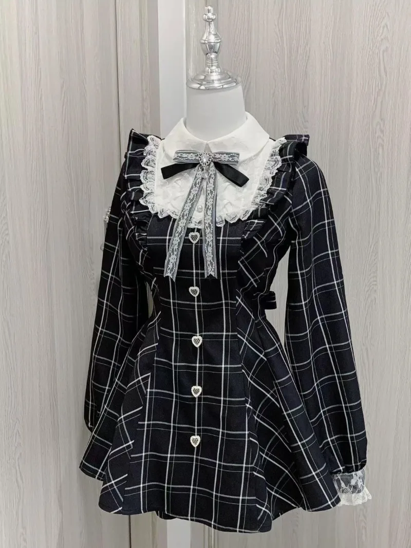 

Original Lolita Design Long Sleeved Dress Shorts Set Black Checkered Kawaii Soft Girl Lace Pearl Bow Dresses 2 Piece Sets Autumn