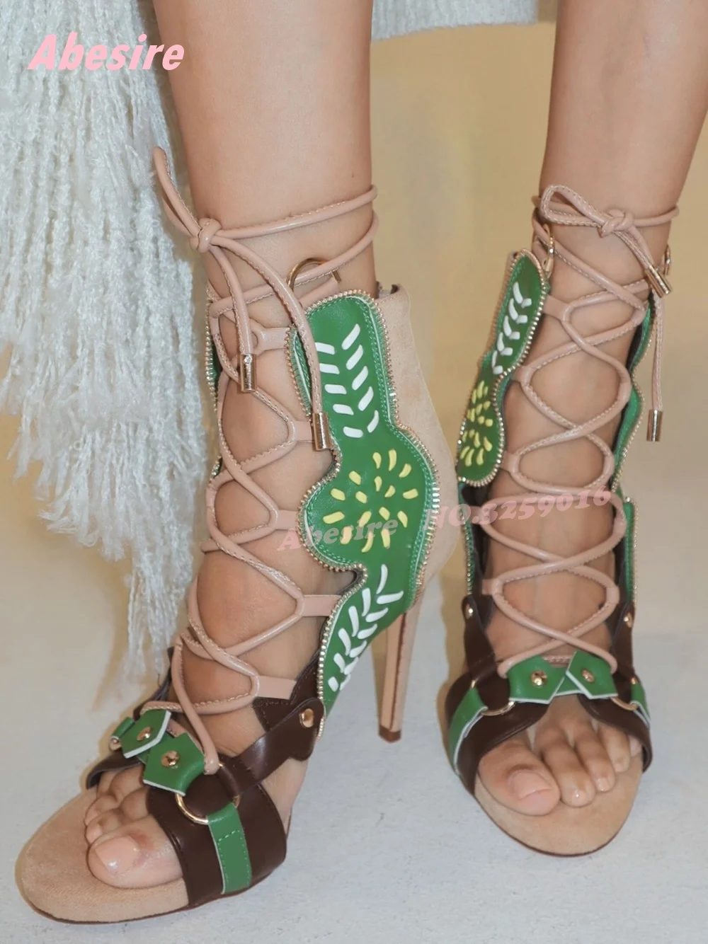 Embroidered Stiletto Sandals Tan Suede with Green Accents Lace Up Patchwork Thin Heels Summer Sandals for Women 2026 New Luxury