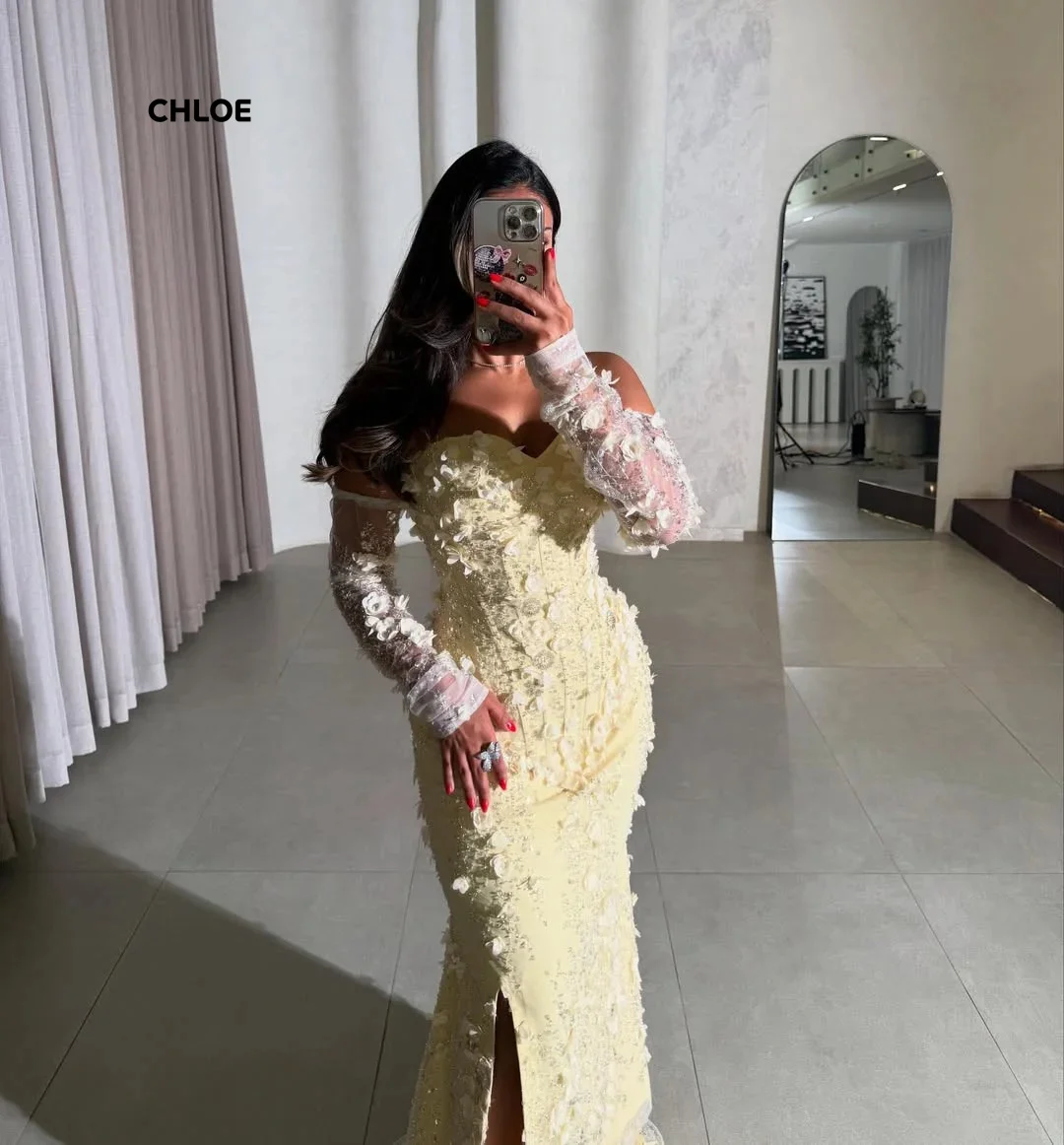 Robes de soirée en dentelle florale femme robes de bal de luxe élégantes 2025 queue de poisson jaune robe de bal pour femmes manches longues personnalisées