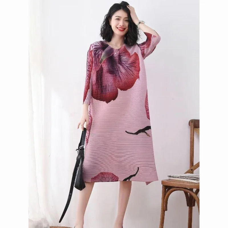 

Pleated dress medium length o neck and loose quarter sleeves commuting shaking and shaking Colored printing dress female tops