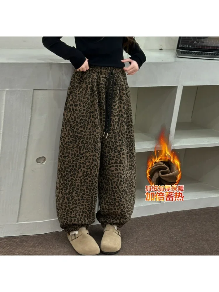 

Girls' fleece thickened casual pants 2024 winter new leopard print wide-leg pants children's loose fashion trousers