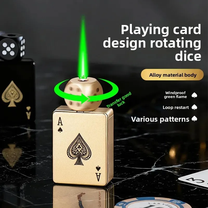 Tiktok Hot Sales RotatingDice Playing Card GasLighter DecompressionToy Tide Play Gas LighterGreen Flame WindproofLighter