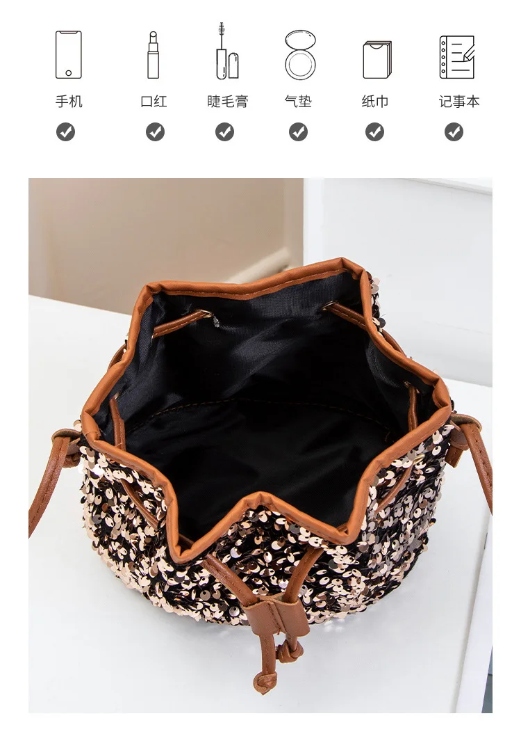 Neue Modische Vielseitige Handtasche mit Kordelzug, Schicke Mehrfarbige Pailletten-Schultertasche mit Großer Kapazität, Geldbörse und Umhängetasche – Detail 7