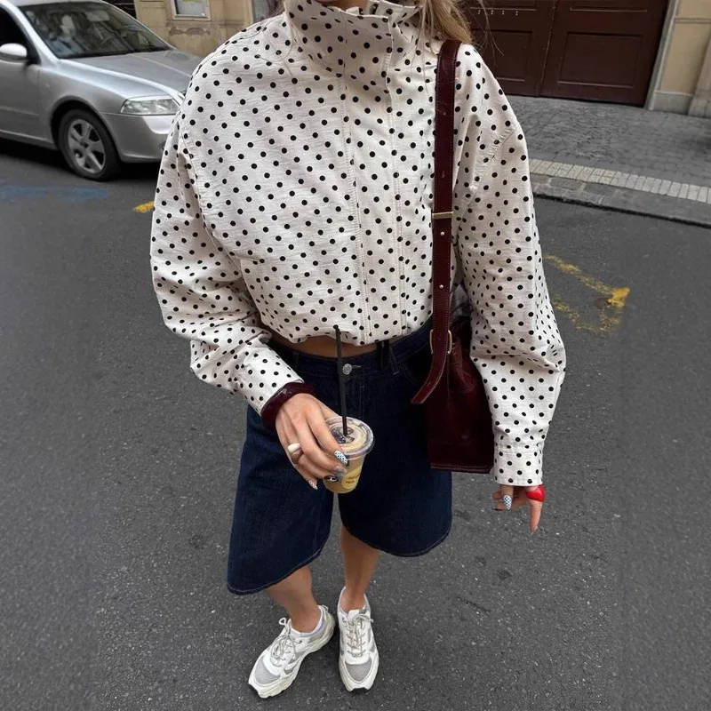 Buitenlandse Handel Europese en Amerikaanse Dameskleding Nieuwe Lente en Zomer Polka Dot Lange mouwen Jas Polka Dot Shorts Set