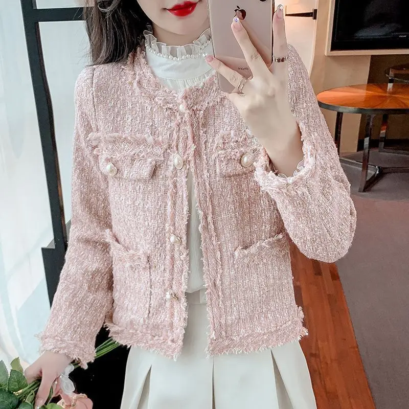 Women Clothing Round Neck Long Sleeves Wool Coat Single-breasted Tweed Jacket Korean Fashion Crop Tops Spring Autumn Outerwear