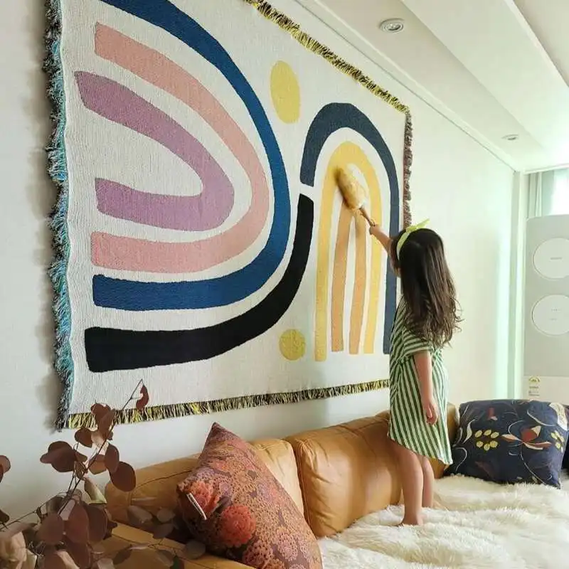 Textile City Abstract Rainbow Throw Blanket Mid-Century Modern Geometric Woven Tapestry with Fringe Pastel Boho Decorative Throw