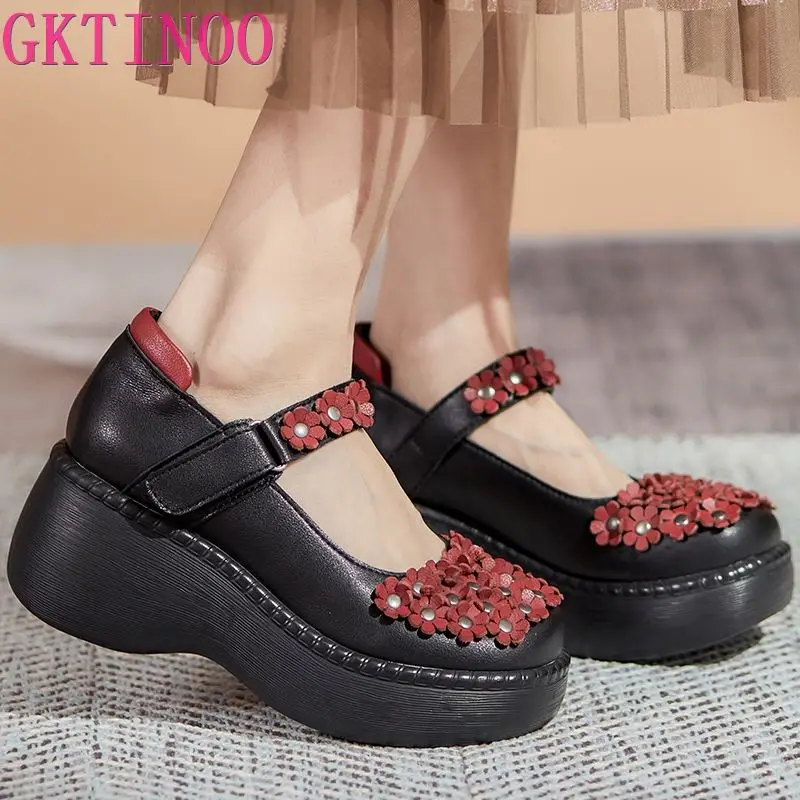 

GKTINOO Retro Pumps Women Shoes Genuine Leather Hook & Loop 2024 New Spring Round Toe Floral Handmade Concise Platform Shoes