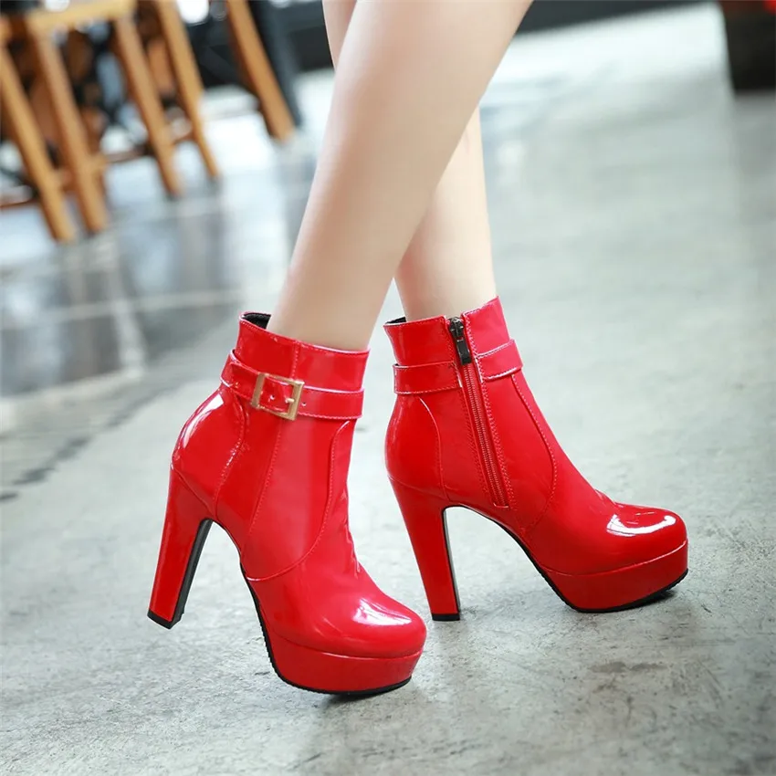 Winter Women Plush Platform Ankle Boots High Chunky Heels Red Black Patent Leather Office Ladies Punk Buckle Zipper Short Boots