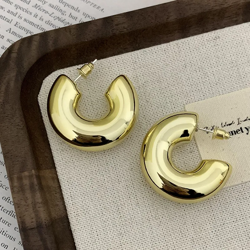 Exaggerated Chunky Round Circle Earring For Women Glossy Gold Color Thick C Shape Hoop Earrings Fashion Stainless Steel Jewelry