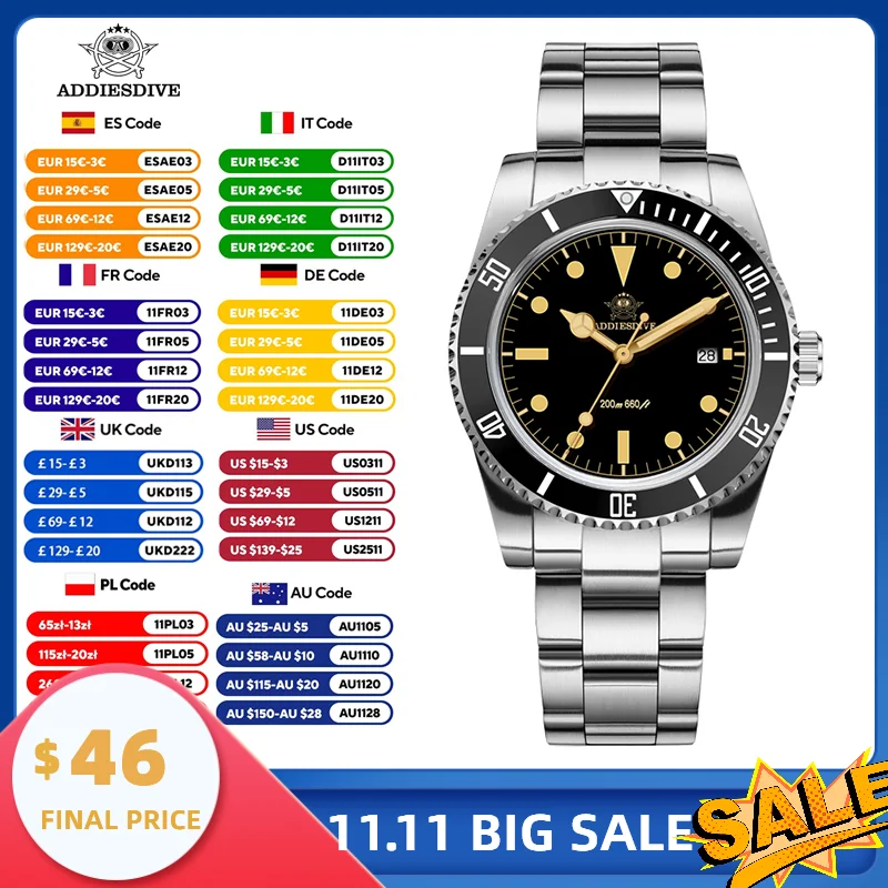 

ADDIESDIVE AD2072 Men Watches K1 Mineral Bubble Mirror Glass Stainless Steel Ceramic Bezel Waterproof Luminous 39mm Quartz Watch