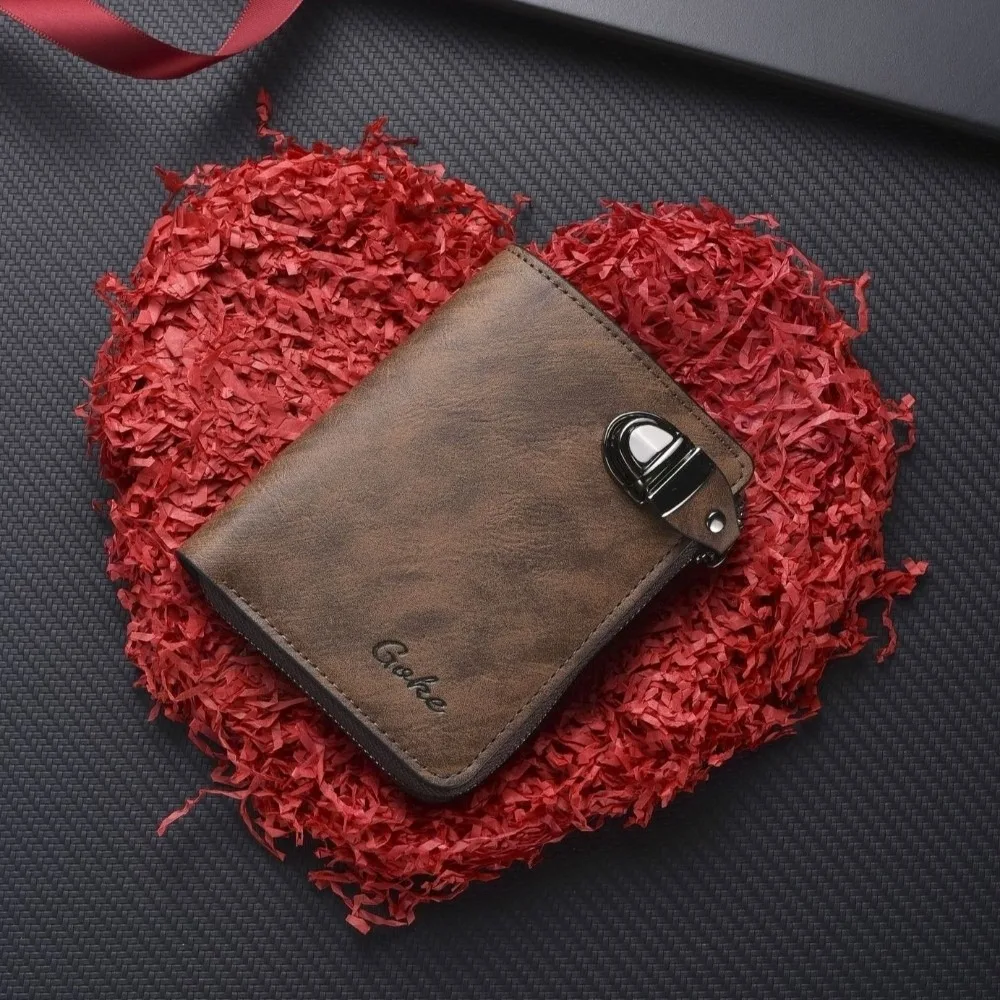 

Luxury Zipper Men's Wallet Buckle Multiple Card Slots Business Card Holder Solid Color Short Leather Coin Purse Gift