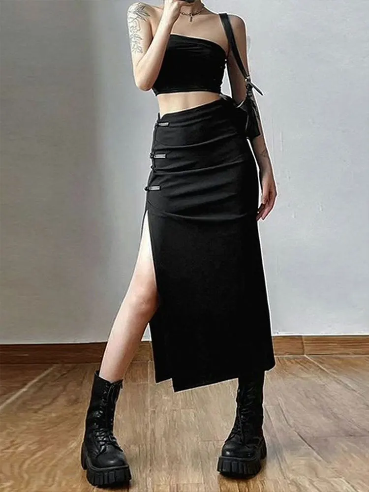 

Women Skirt Summer New Streetwear Fashion Zipper Casual Slim Split Maxi Skirt Black Sexy Club Party Elegant Versatile Lady Skirt