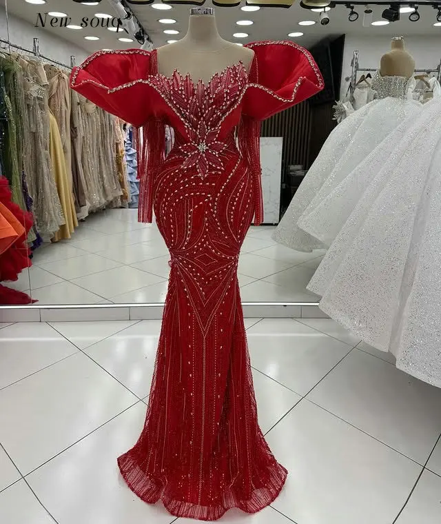 

Новые вечерние платья-русалки красного цвета с длинными рукавами, кристаллами, бисером, бахромой и 3D-дизайном для выпускного вечера и торжественных мероприятий 2026 года, на заказ