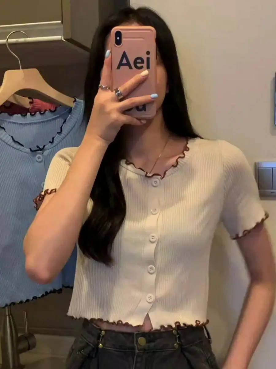 White Knitted Short Sleeve T-Shirt Women's Summer 2023 New Design Sensation Student Top Open Cardigan Short Trendy