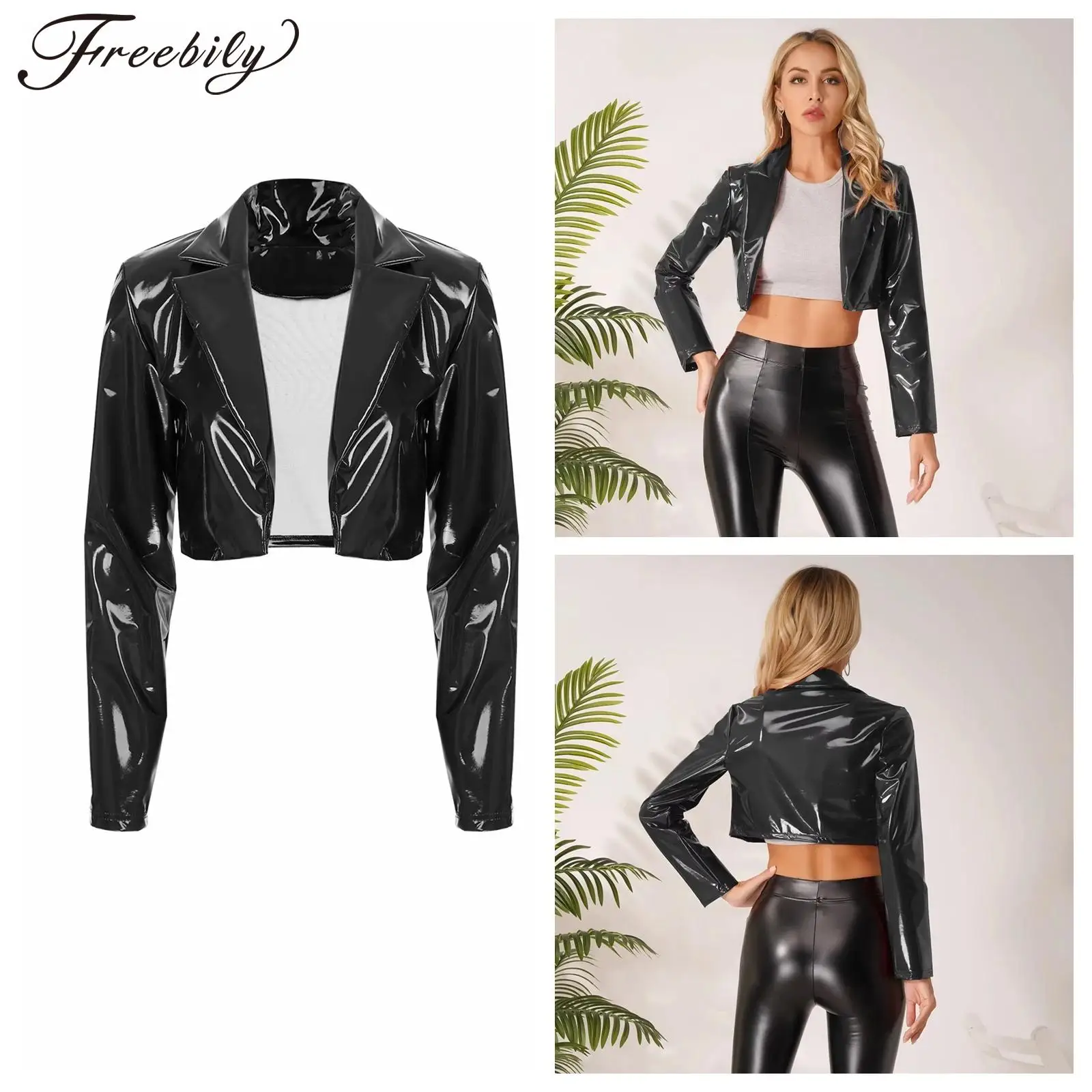 Women's Glossy Leather Jacket Wetlook Blazer with Lapels Latex Leather Long Sleeve Cropped Coat Rave Party Clubwear Short Jacket