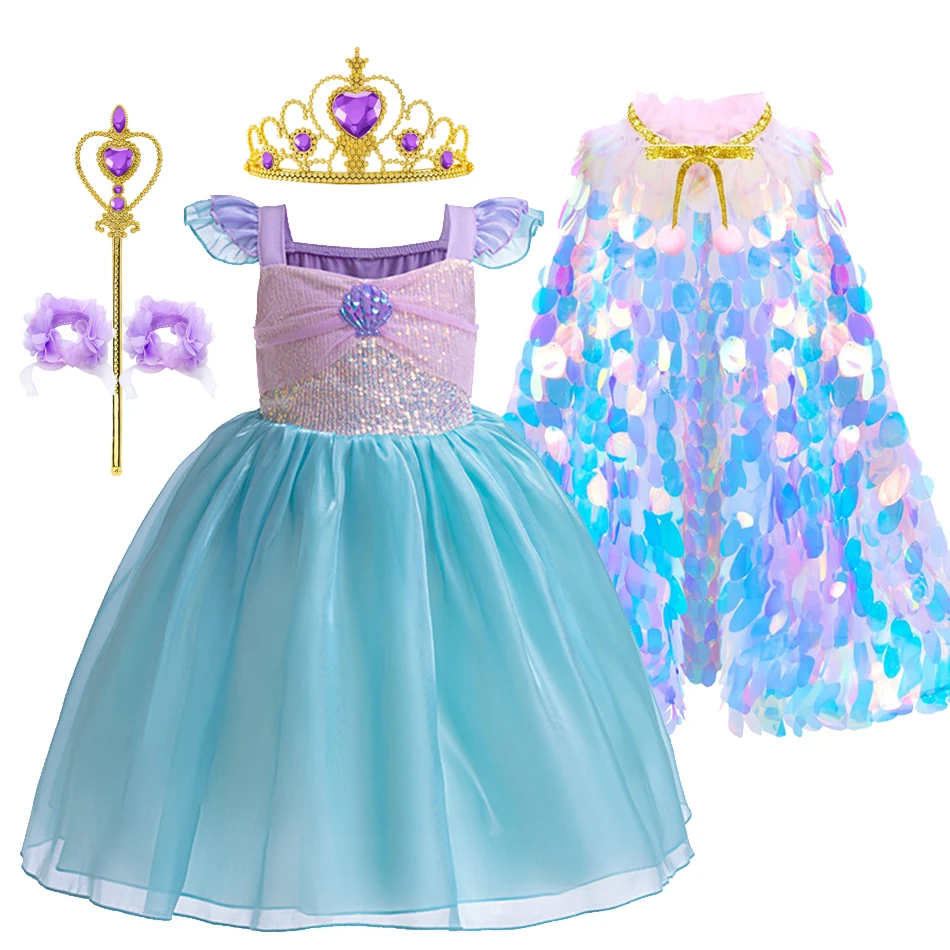 Disney Little Mermaid Ariel Princess Costume Girls Birthday Part Dress Kids Blue Puff Sleeve Ball Gown Girls outfit clothes