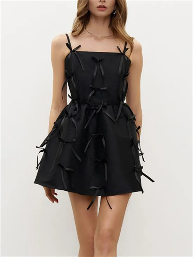 Tossy Black Tee Bow Casual Mini Dress Female Bandage Backless Summer 2025 New Patchwork Spaghetti Dress Women's Bodycon Dress