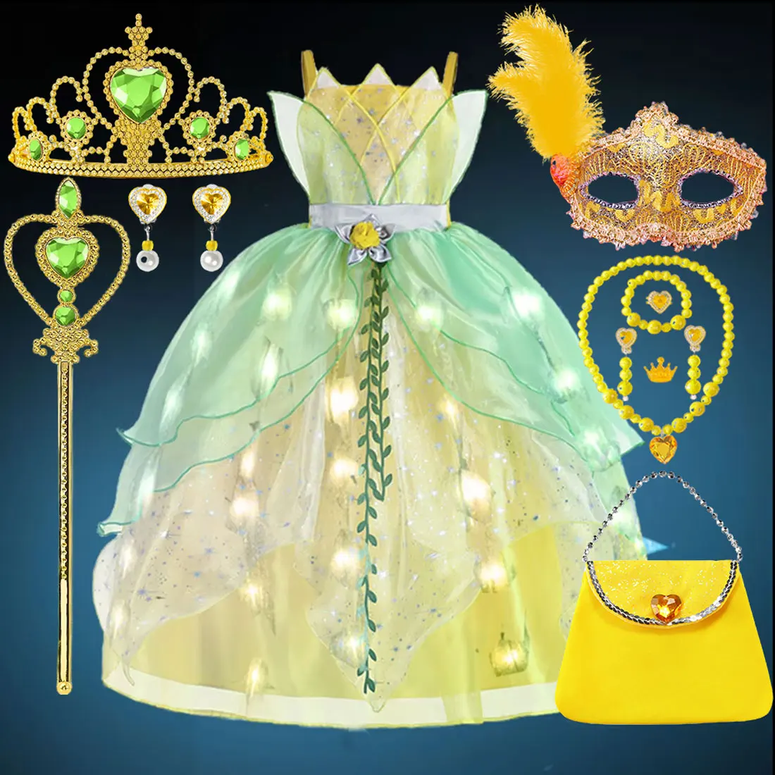 Green Princess Tiana Flower Decorated Strap Puff Dress Girl Play Disney Princess Glowing Dress Christmas Birthday Party Gift