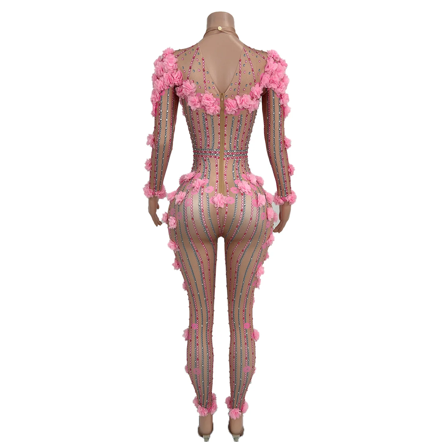 Designer Pink Flowers Jumpsuit Sparkly Rhinestone Women Bodycon Leggings Club Party Dance Playsuits Sexy Stage Performance Wear