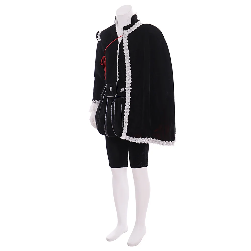 Tudor Elizabethan Nobleman King Costume Medieval Victorian Renaissance Court Men's Black Uniform With Cape Party Gown