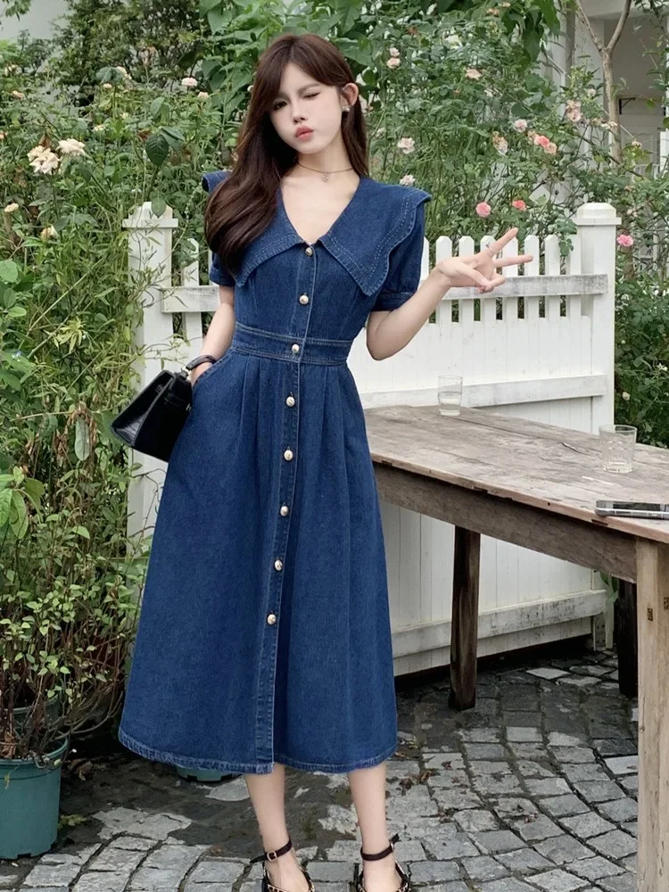 Temperament Summer Women\'s Denim Dress Elegant Turn-down Collar Short Sleeve Single Breasted Oversized Midi Dress CY400