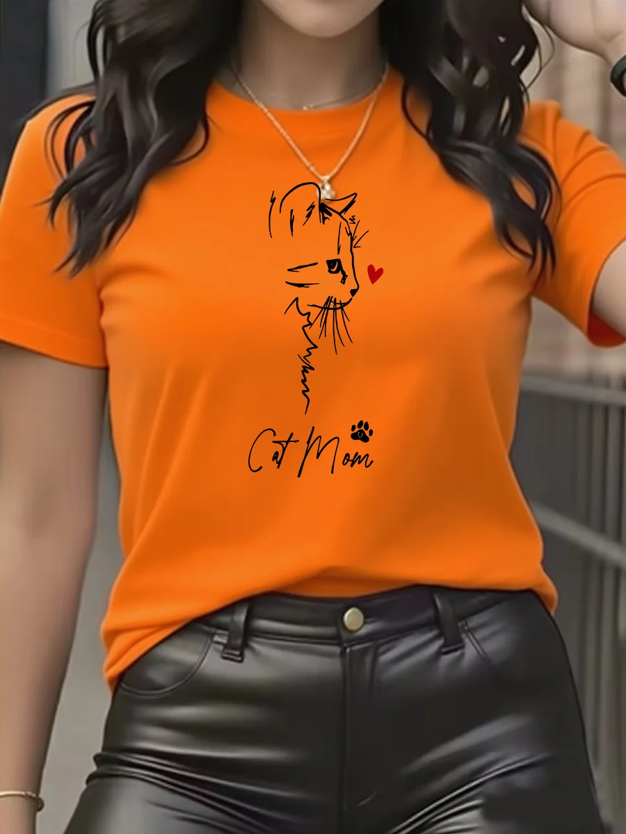 猫ママへの母の日のギフト - かわいい猫ママの漫画プリントが入った女性用カジュアル半袖Tシャツ ホワイト＆ブラックグラフィック