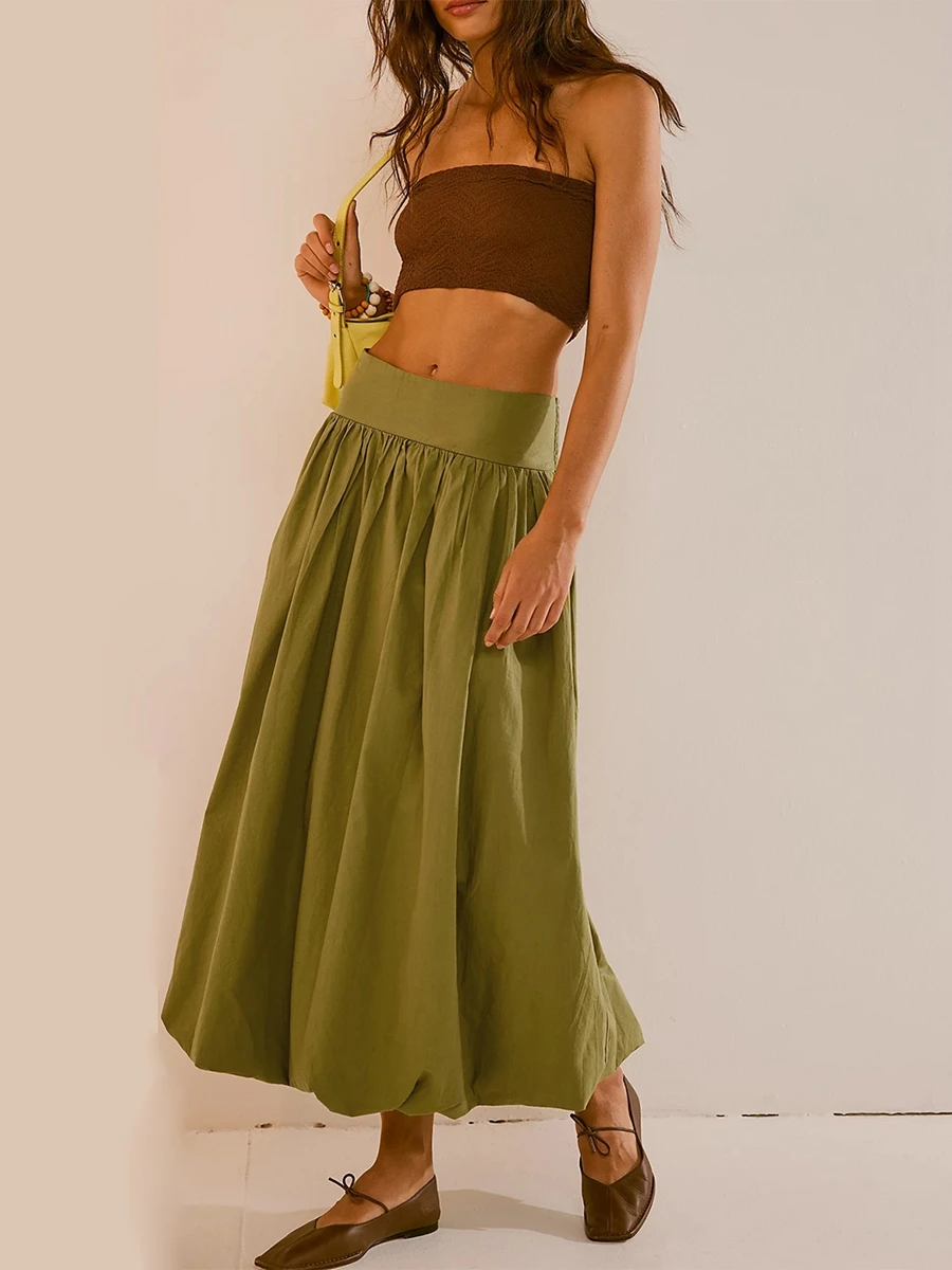 Saia feminina com maxi bolha de cintura alta Y2K, saias longas plissadas, bainha folhada, vestido Midi em linha A, fada de verão roupas vintage, streetwear