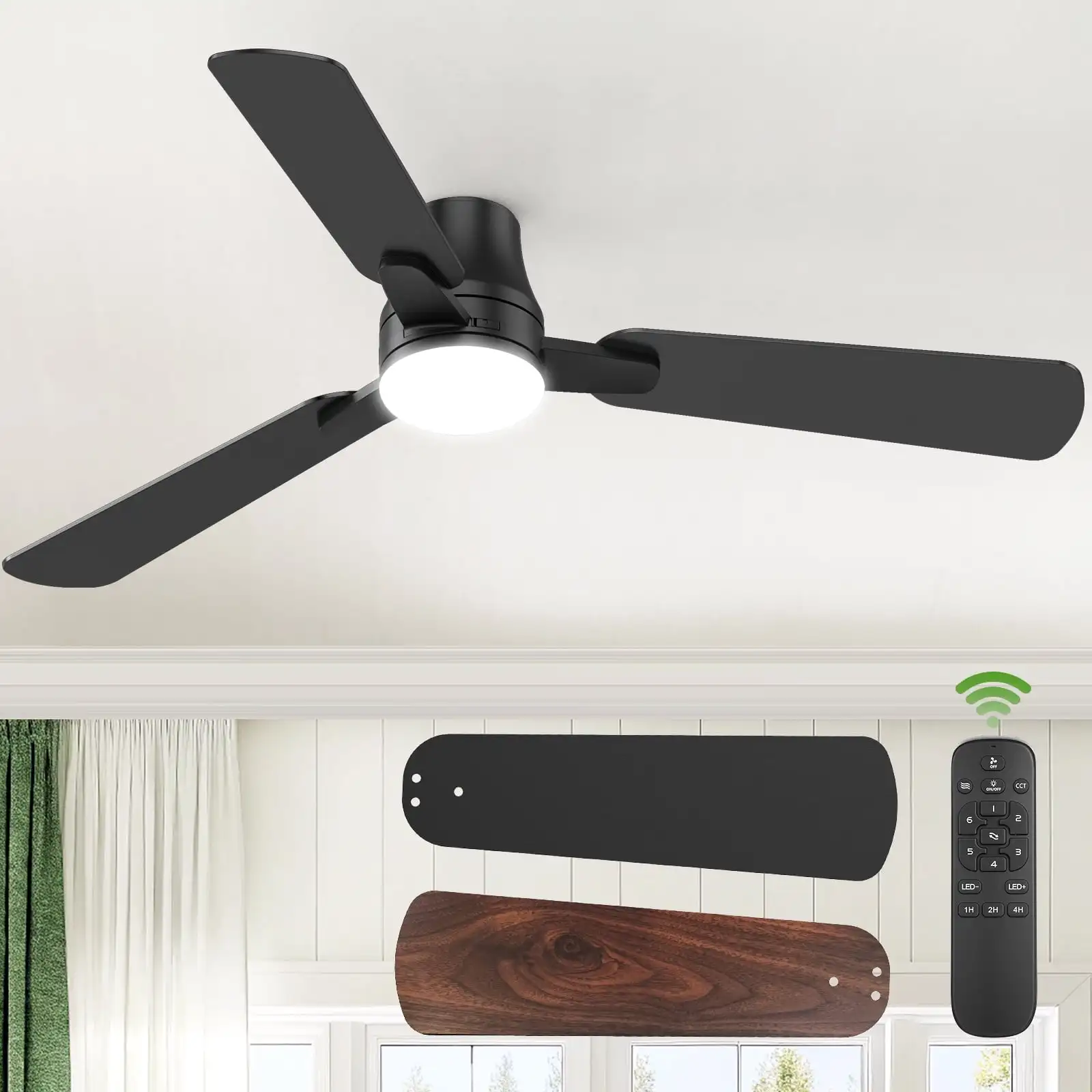 

52" Lighted Ceiling Fan: 6-Speed ​​Modern Ceiling Fan with Remote, Flush Mount, Reversible DC Motor for Indoor and Outdoor Use