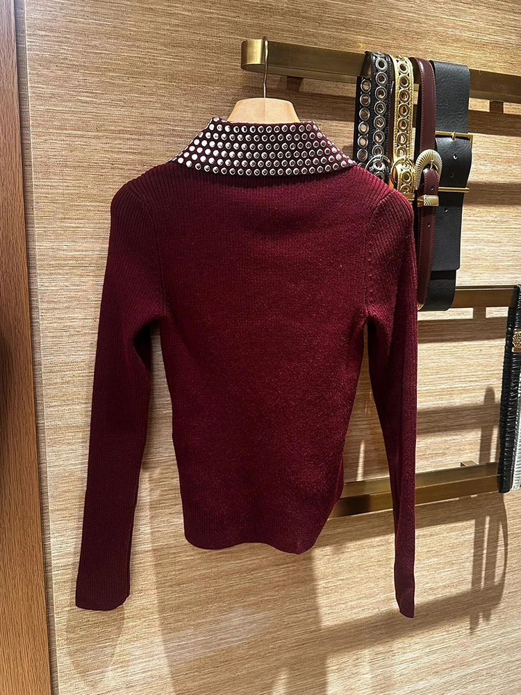 

S Home South Oil High End Women's Knitted Sweater Pearl Embellied Slim Fit Turn-down Collar Top for Ladies Soft Cotton Long...