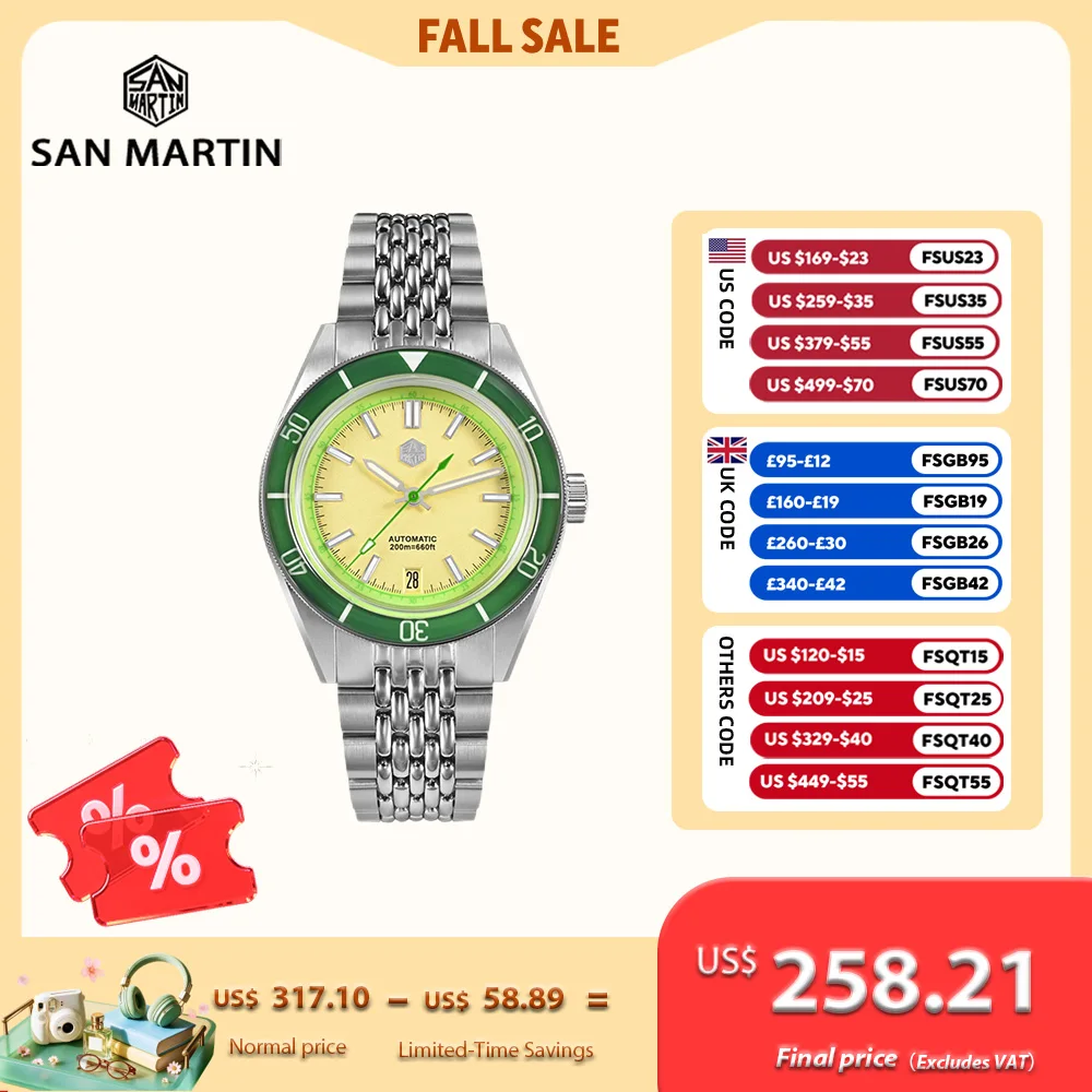 San Martin 39.5mm NH35 Fruit Series Aluminum Bezel Mens Dive Watch Mechanical Wristwatch C3 Luminous 6H Date Sapphire SN0116B