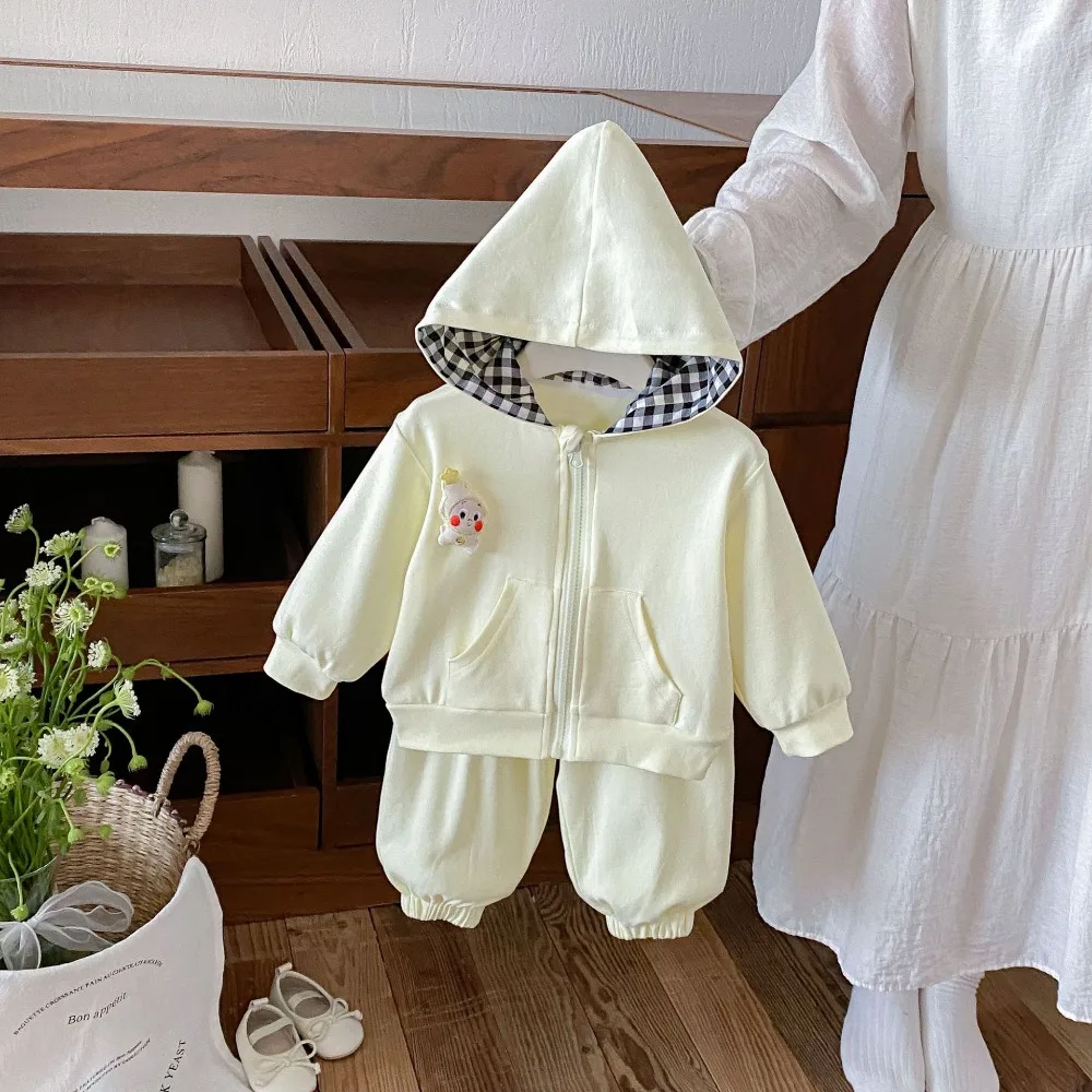 New Spring Autumn Korean Style 2 Pcs Outfit Baby Girls Cute Cartoon Hooded Zip Cardigan And Dopamine Sweatpants Kids Casual Set