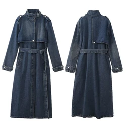 Withered England British Long Trench Jacket Retro Denim Trench Coat Ladies Fashion Women's