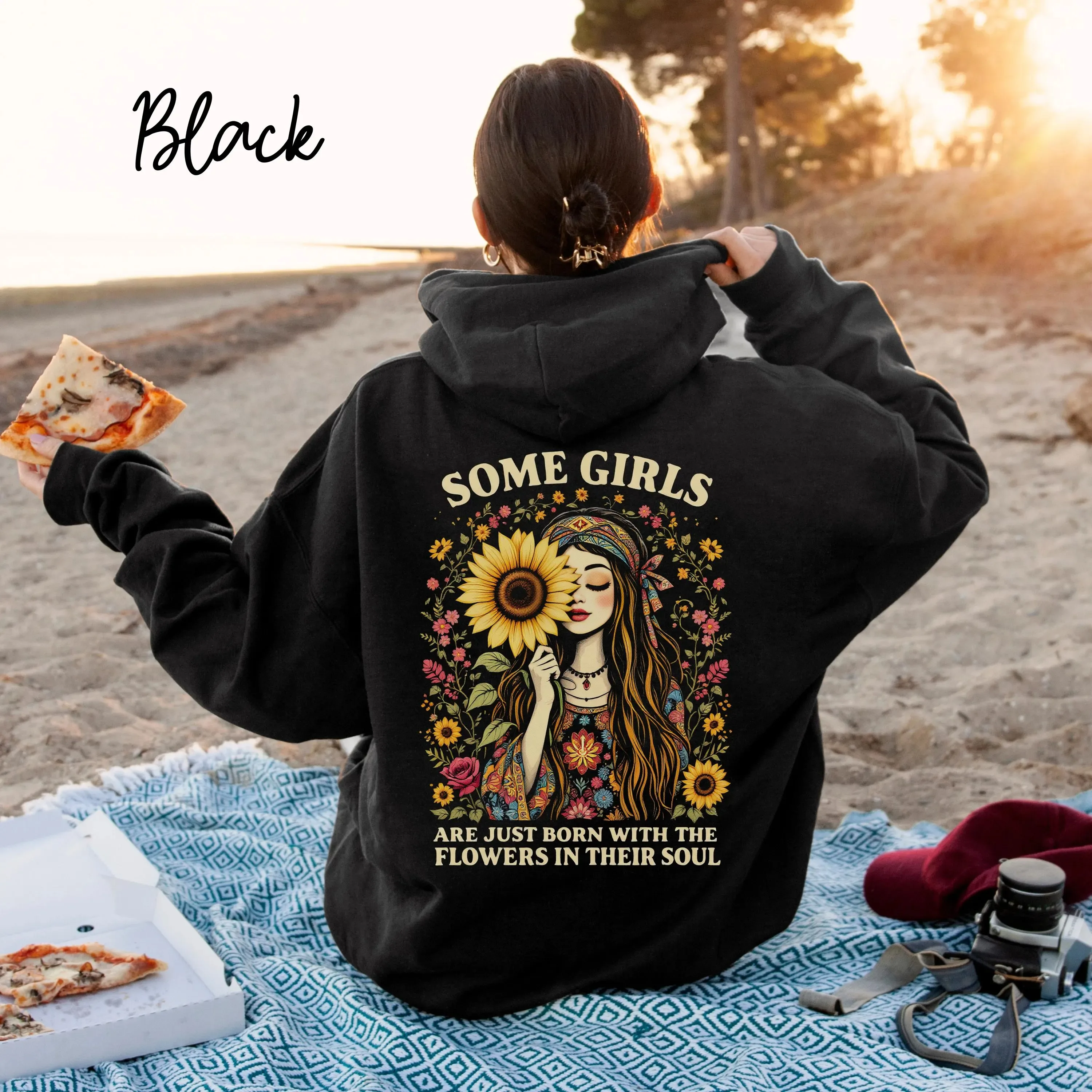 

Boho Girl with Sunflower and Inspirational Quote Cotton Hoodie Embrace Bohemian Style Hoodie Featuring Holding A Sunflower