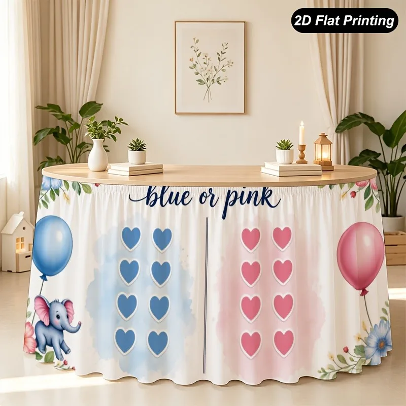 1Pc tablecloth 2D flat gender revealed 2D flat elephant pattern blue pink balloon chart Christmas table skirt