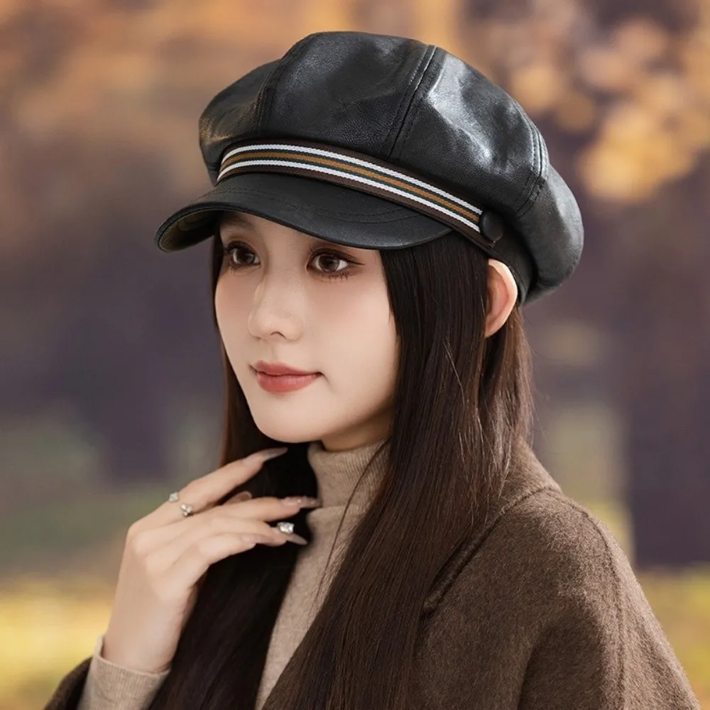 

Fashion Stripe Pu Leather Beret Warm British Style Octagonal Hat Flat Korean Style Painter Hat Ladies