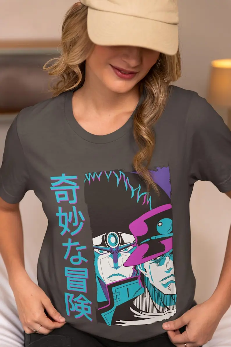 Camiseta unissex Anime Stand Fighter – Estilo mangá retrô dos anos 90, vestuário de batalha japonês icônico, presente exclusivo para Otaku, anime vintage