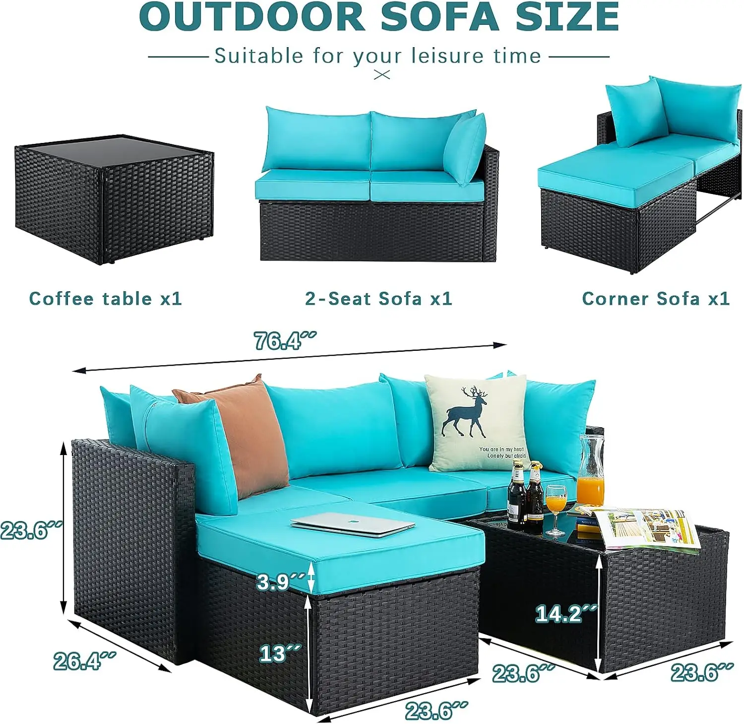 5 Pieces Patio Furniture Sets, Outdoor Sectional Sofa, All Weather Rattan Wicker Couch with Glass Table, Patio Conversation Set