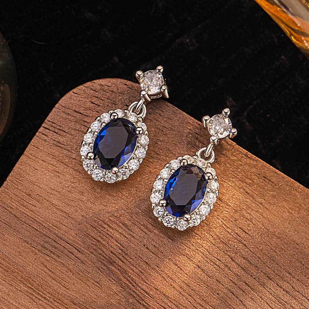 925 Sterling Silver Sapphire Blue Halo Drop Earrings, Oval CZ Gemstone Dangle Earrings, Elegant Jewelry Gift for Women